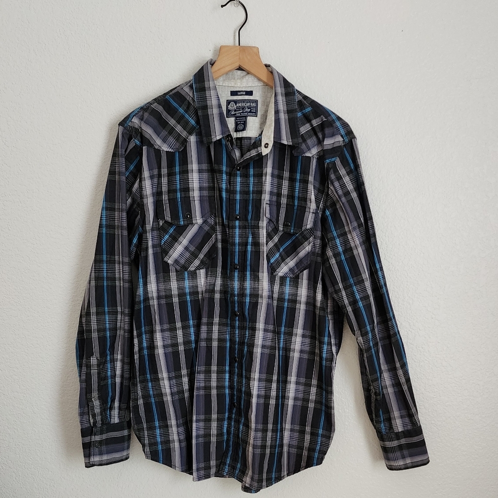American Rag Men's Large Plaid Button Snap Long Sleeve Casual Shirt